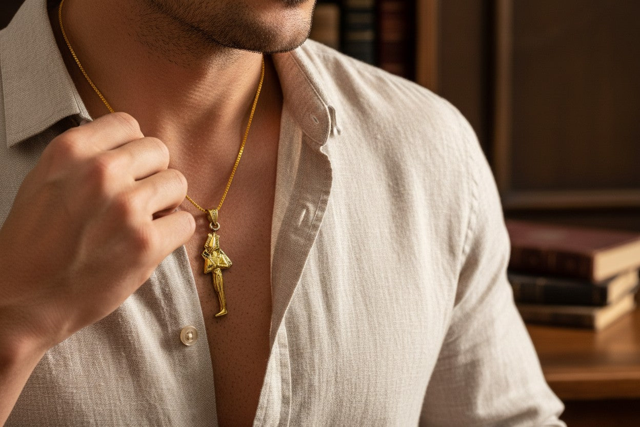 Gold God Osiris Pendant Necklace, Egyptian Revival Talisman