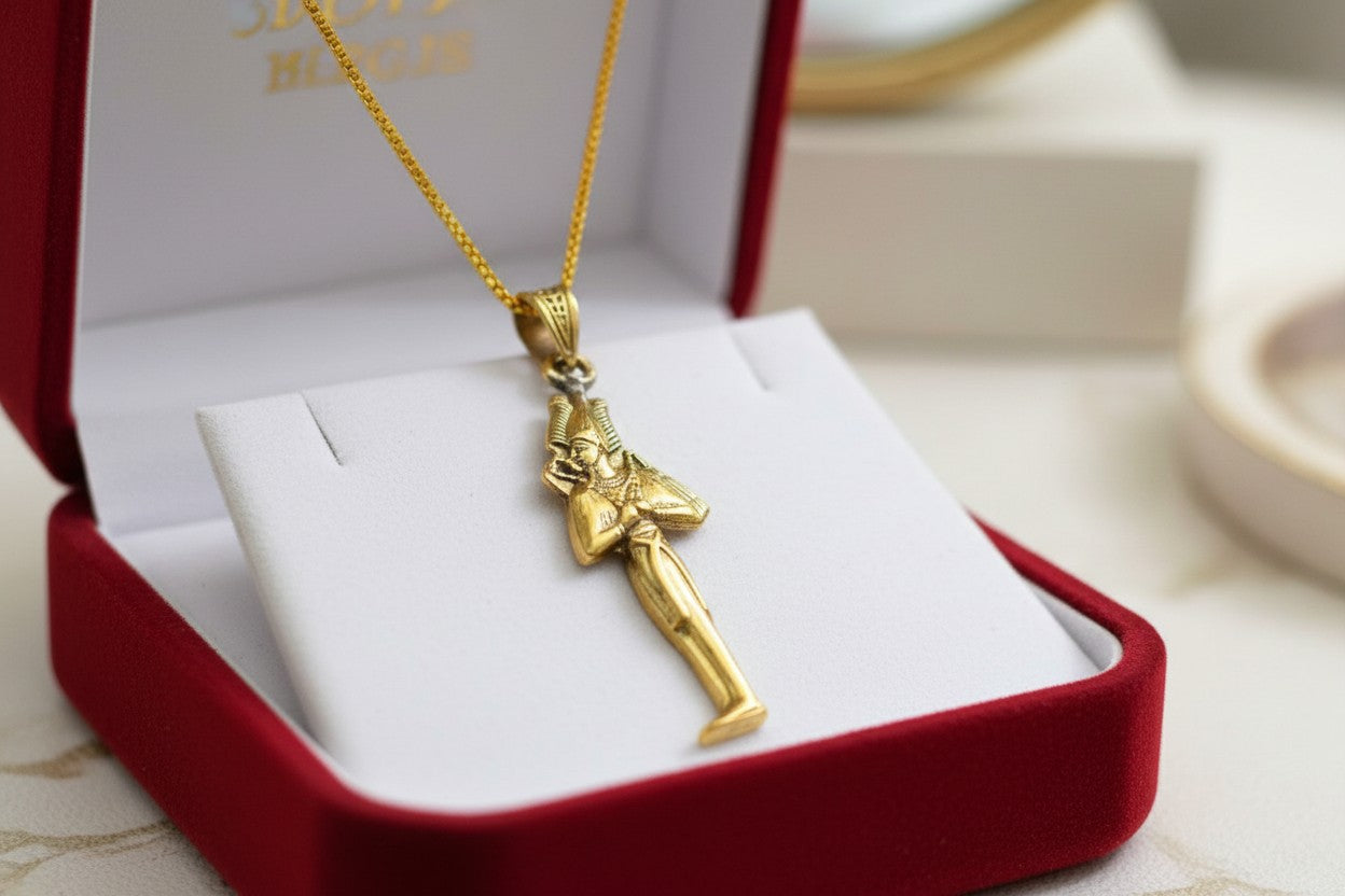 Gold God Osiris Pendant Necklace, Egyptian Revival Talisman