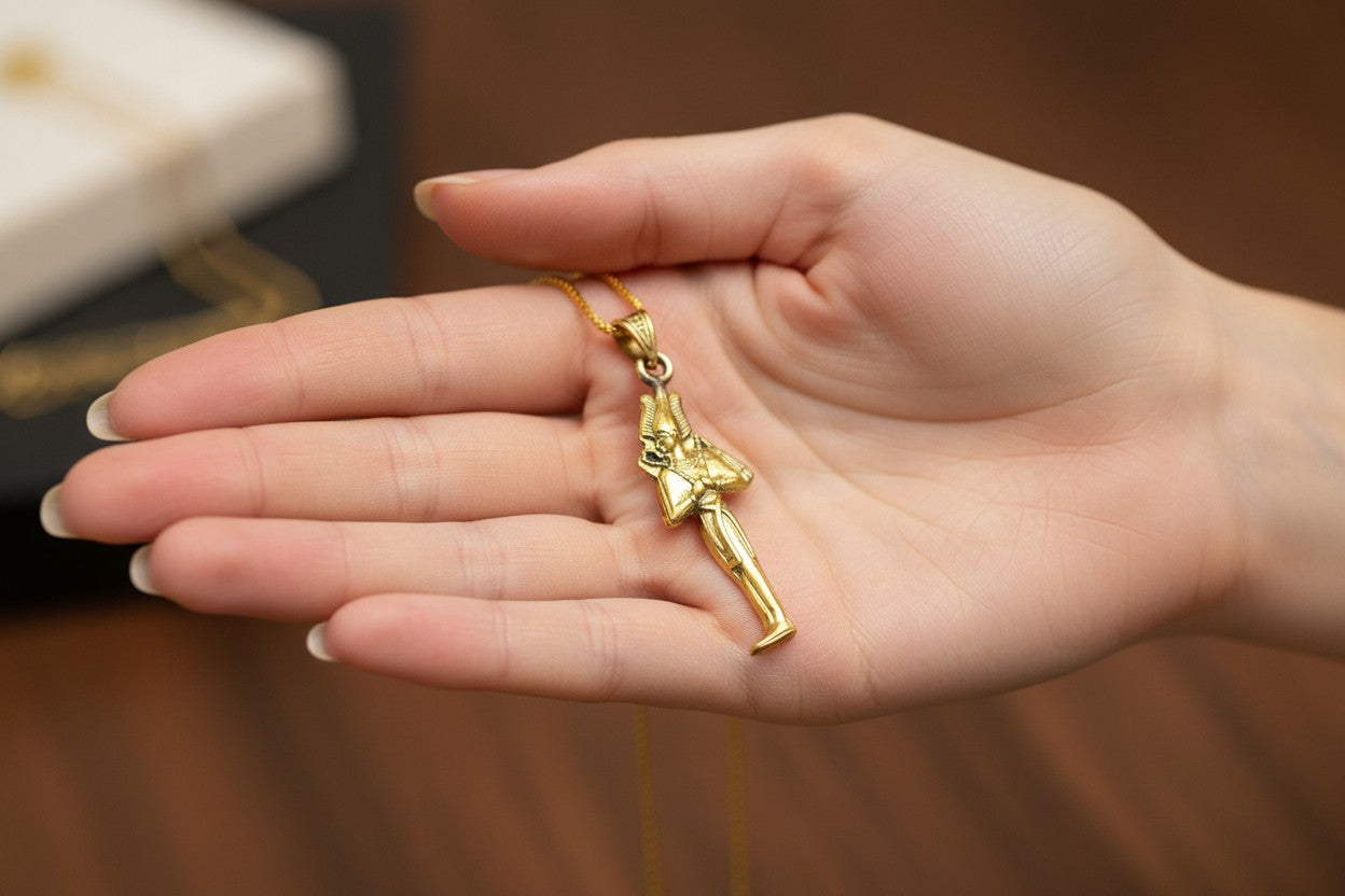 Gold God Osiris Pendant Necklace, Egyptian Revival Talisman