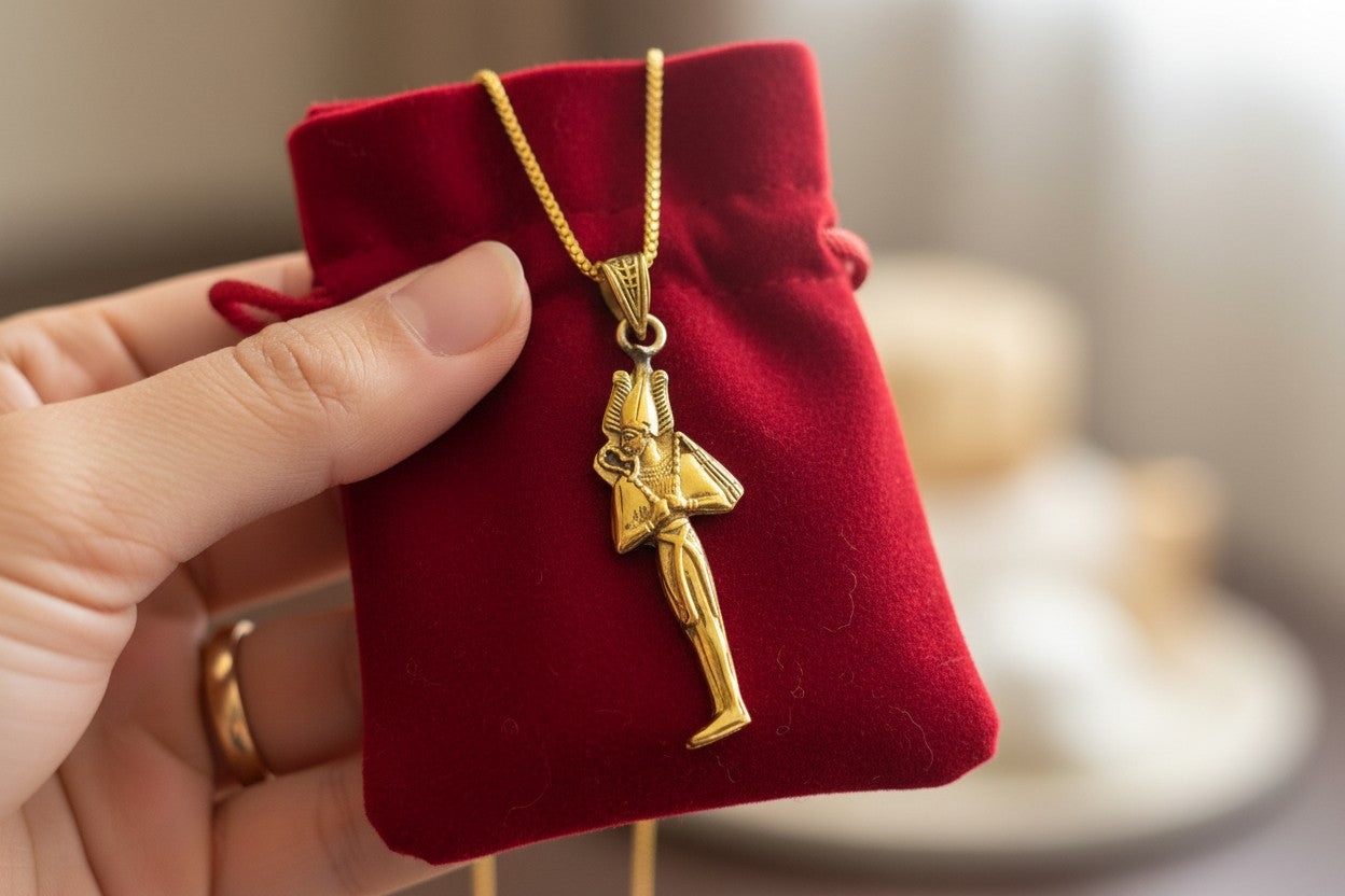 Gold God Osiris Pendant Necklace, Egyptian Revival Talisman