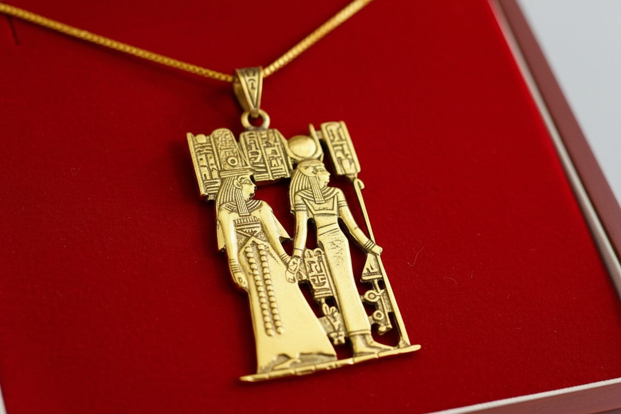 Gold Goddess Hathor & Isis Together Pendant, Large Egyptian Goddess Necklace