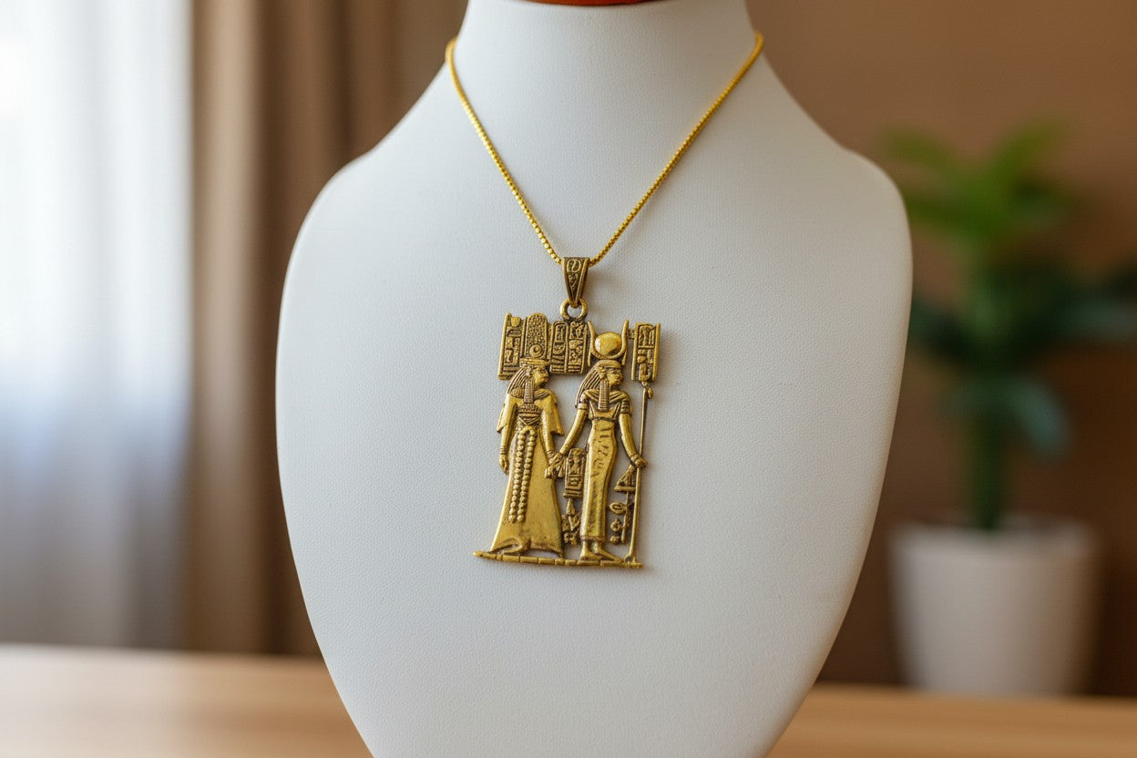 Gold Goddess Hathor & Isis Together Pendant, Large Egyptian Goddess Necklace