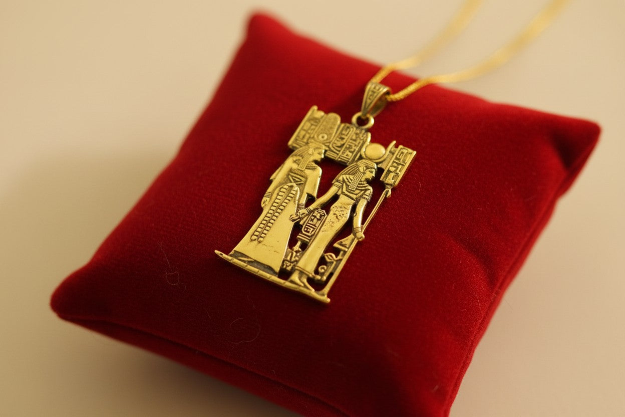 Gold Goddess Hathor & Isis Together Pendant, Large Egyptian Goddess Necklace