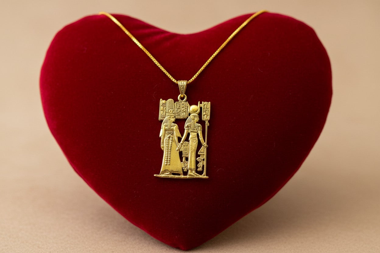 Gold Goddess Hathor & Isis Together Pendant, Large Egyptian Goddess Necklace