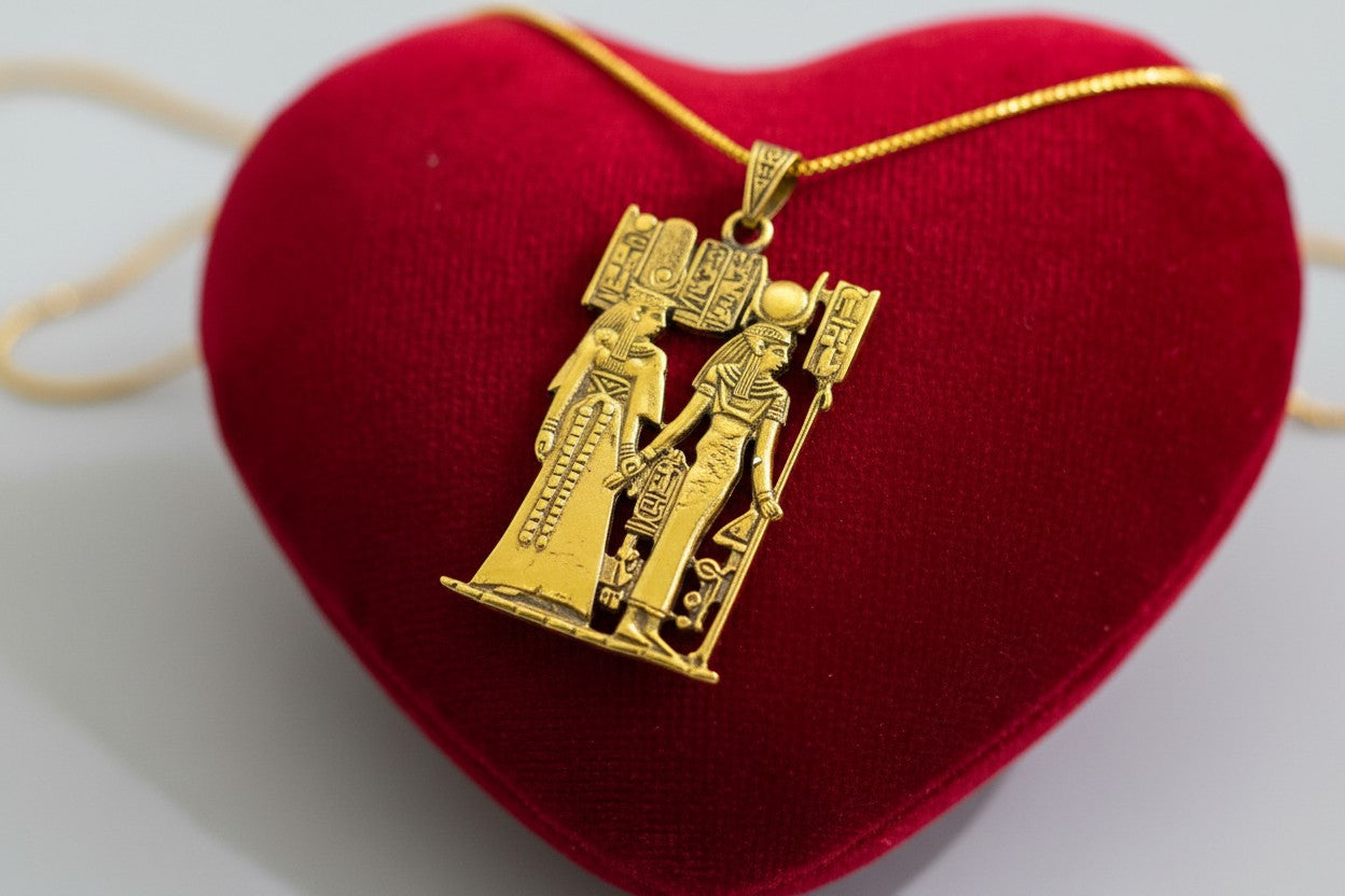 Gold Goddess Hathor & Isis Together Pendant, Large Egyptian Goddess Necklace