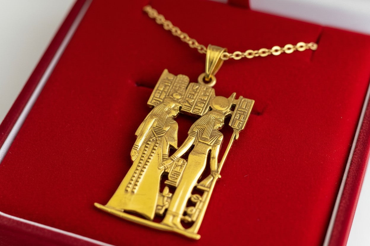 Gold Goddess Hathor & Isis Together Pendant, Large Egyptian Goddess Necklace