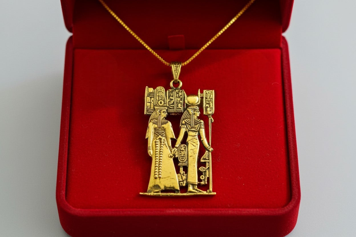 Gold Goddess Hathor & Isis Together Pendant, Large Egyptian Goddess Necklace