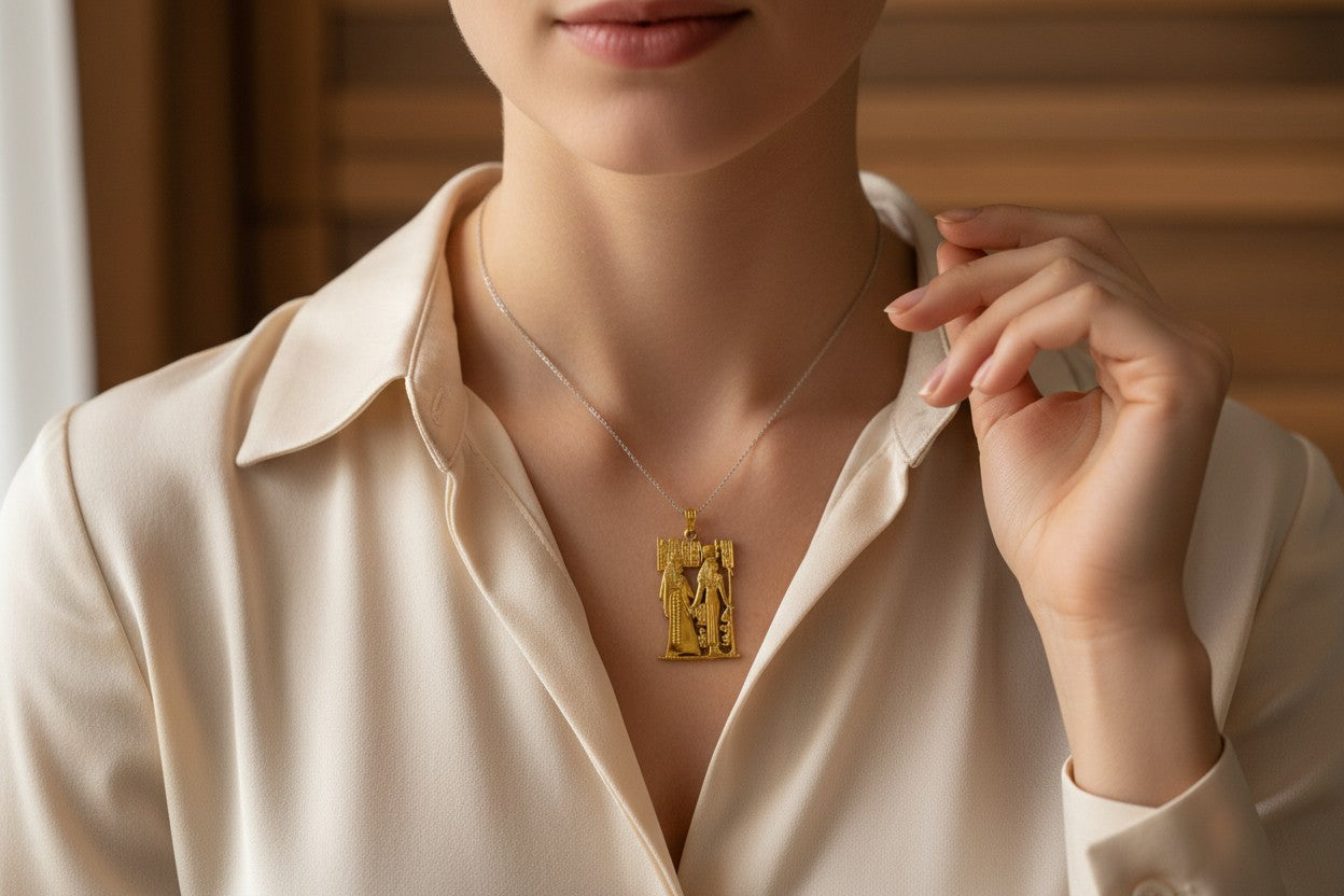 Gold Goddess Hathor & Isis Together Pendant, Large Egyptian Goddess Necklace