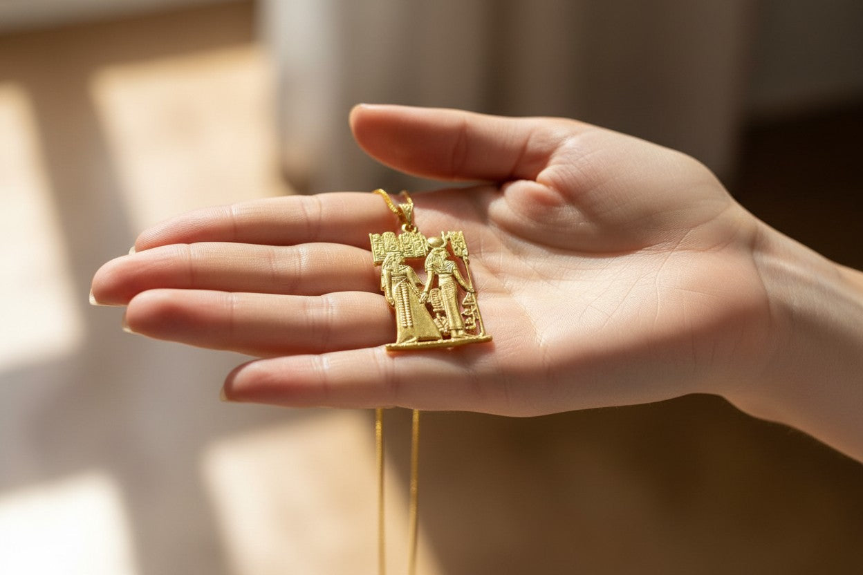 Gold Goddess Hathor & Isis Together Pendant, Large Egyptian Goddess Necklace