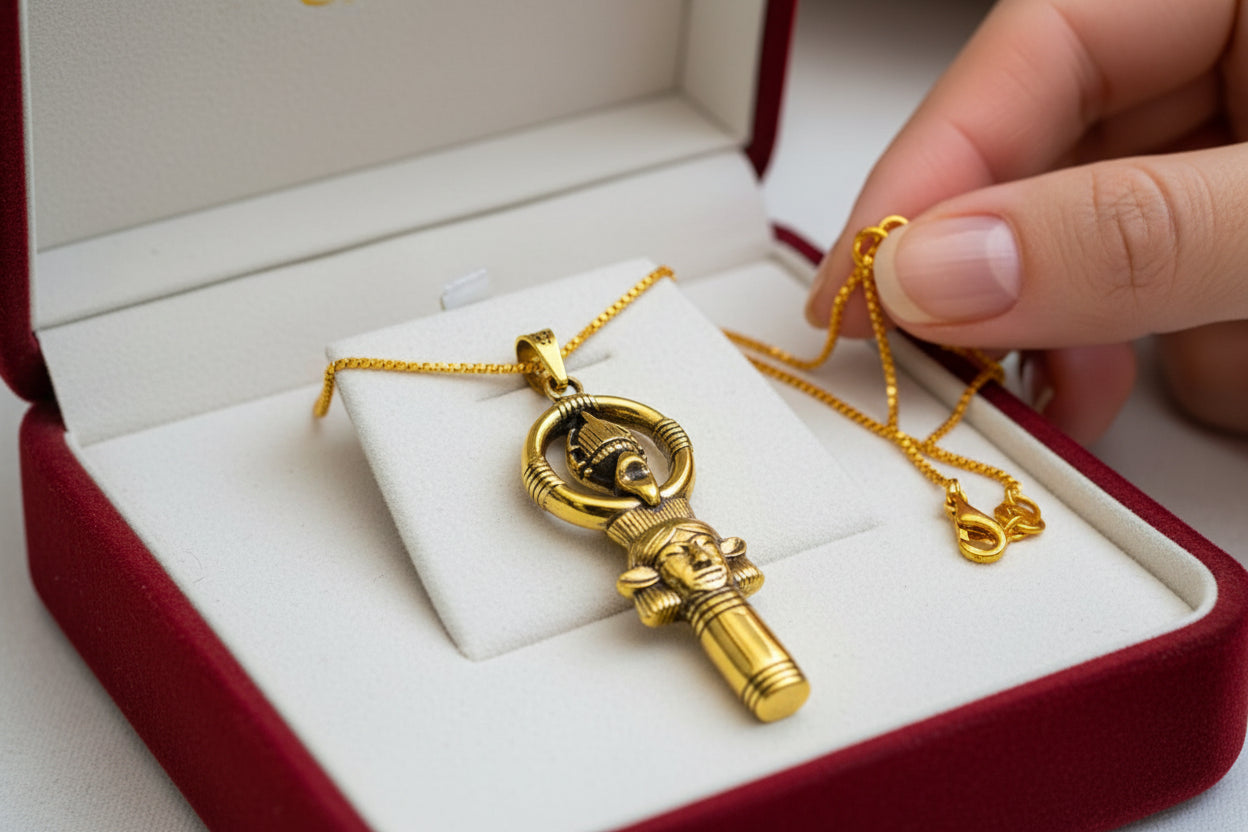 Gold Goddess Hathor Pendant, Egyptian Revival Necklace