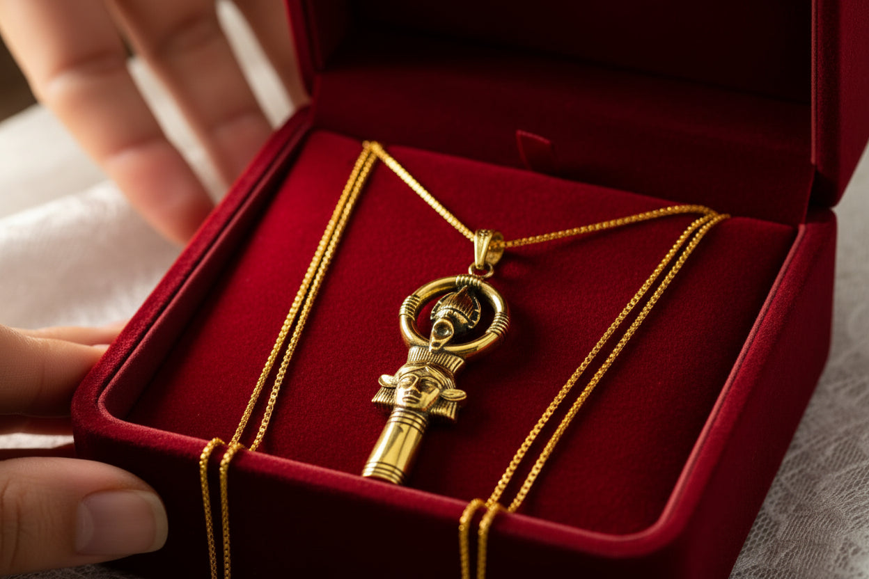 Gold Goddess Hathor Pendant, Egyptian Revival Necklace