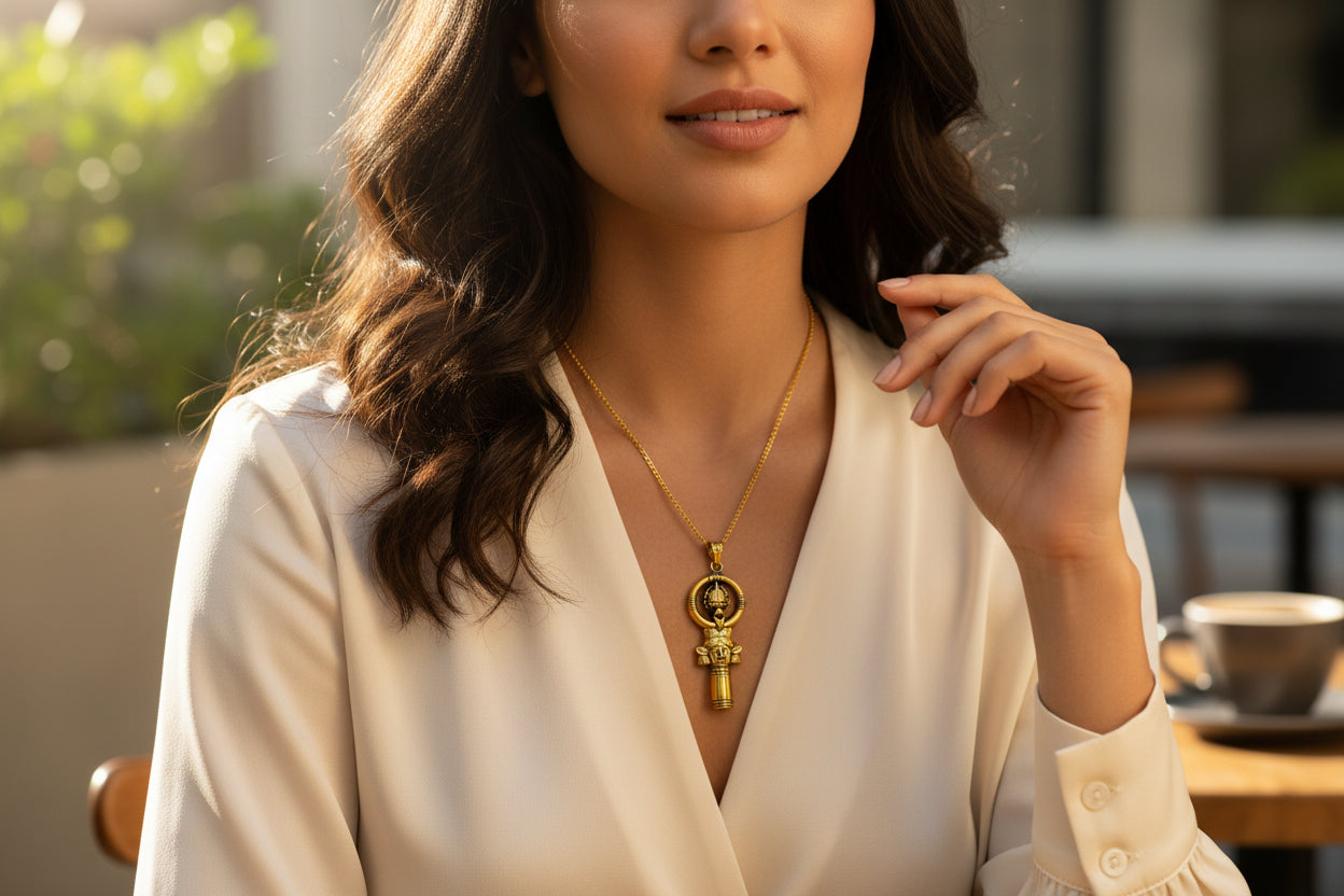 Gold Goddess Hathor Pendant, Egyptian Revival Necklace