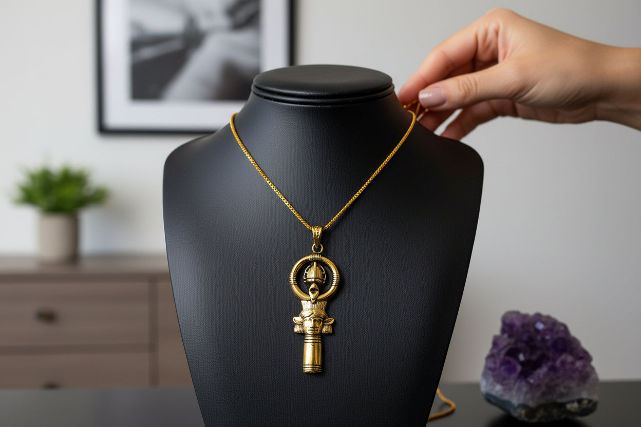 Gold Goddess Hathor Pendant, Egyptian Revival Necklace