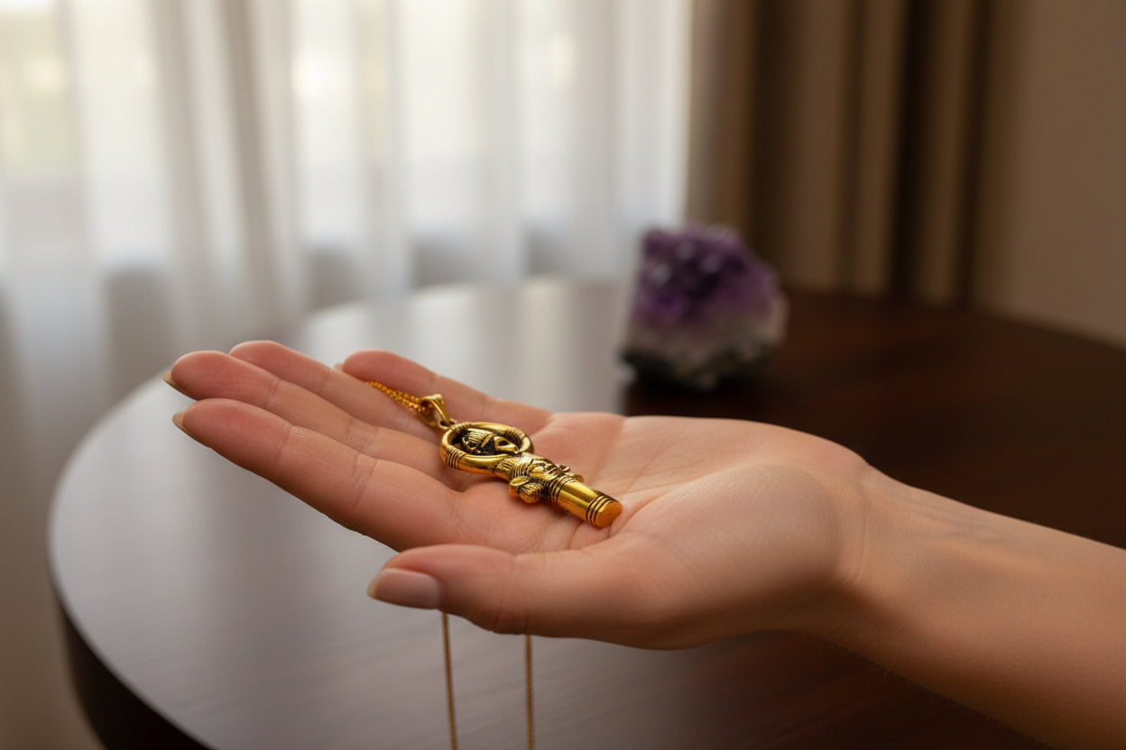 Gold Goddess Hathor Pendant, Egyptian Revival Necklace