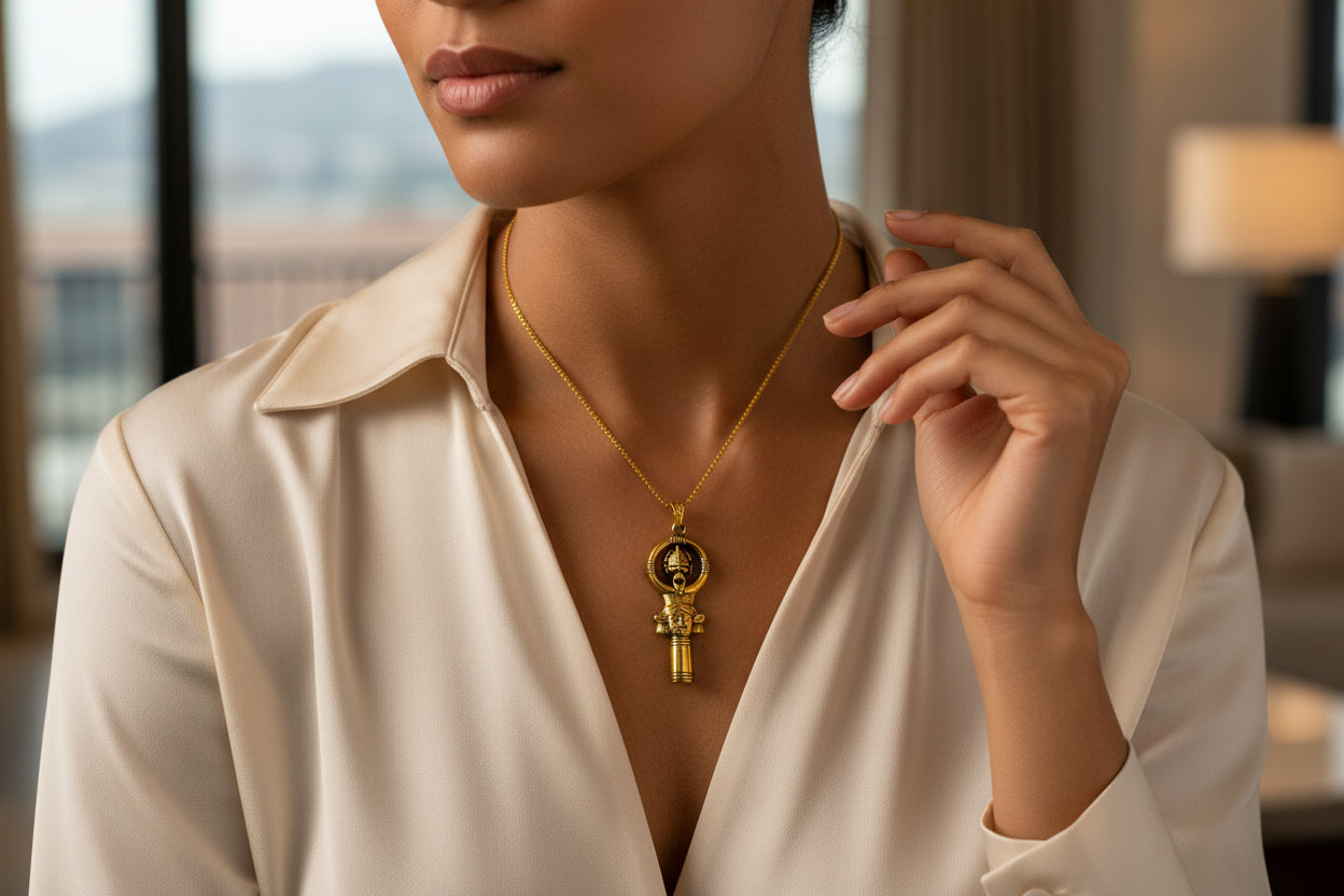 Gold Goddess Hathor Pendant, Egyptian Revival Necklace