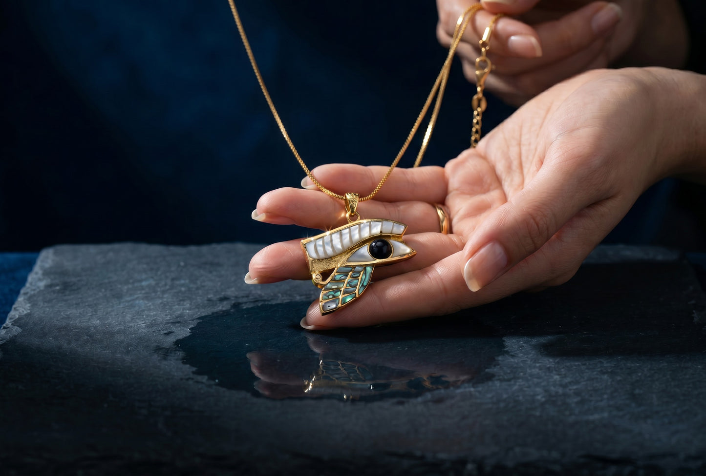 Gold Eye of Horus Mother of Pearl Abalone Necklace, Egyptian Revival Jewelry, Eye of Horus Pendant, Talisman Gift, Protection Charm