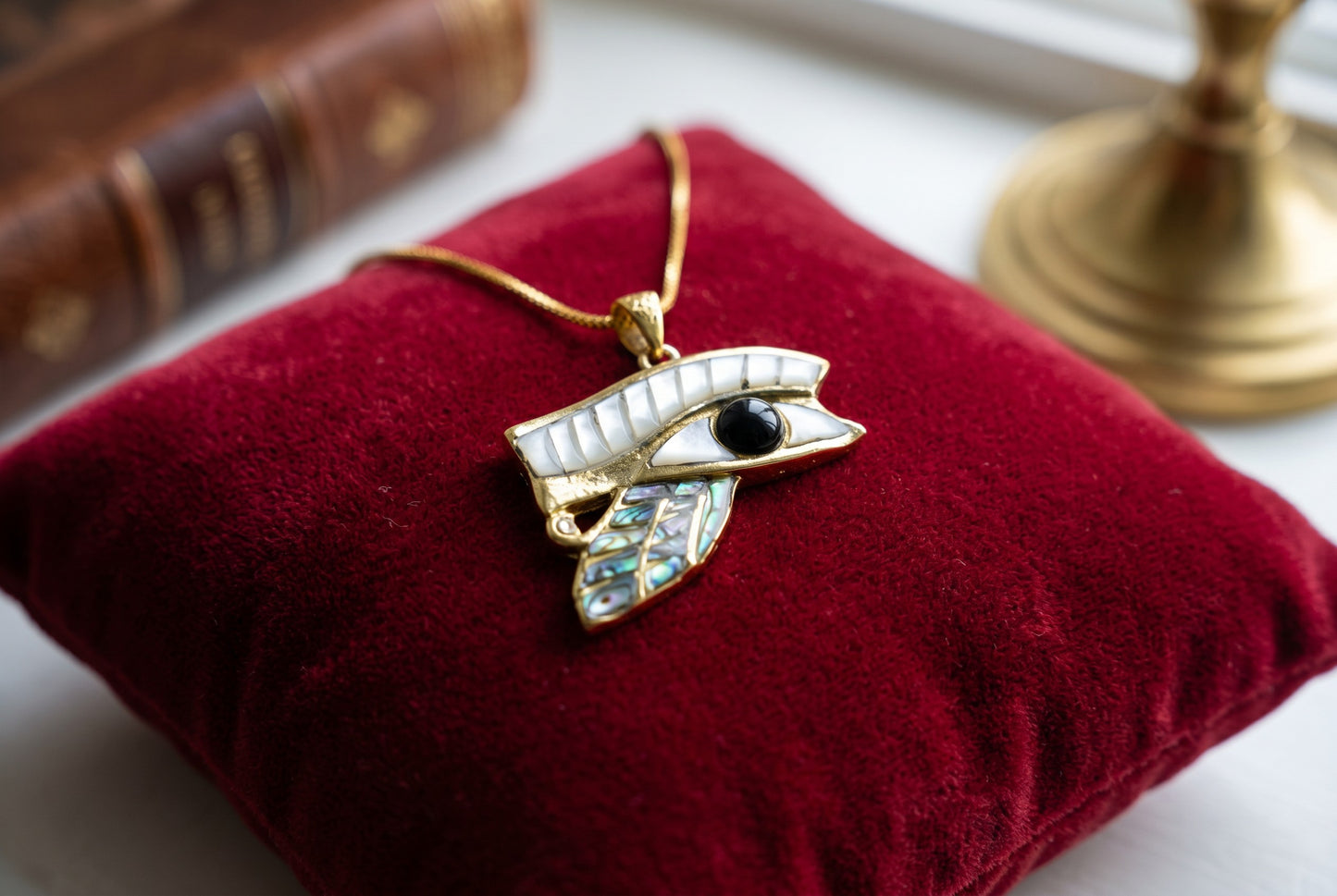 Gold Eye of Horus Mother of Pearl Abalone Necklace, Egyptian Revival Jewelry, Eye of Horus Pendant, Talisman Gift, Protection Charm