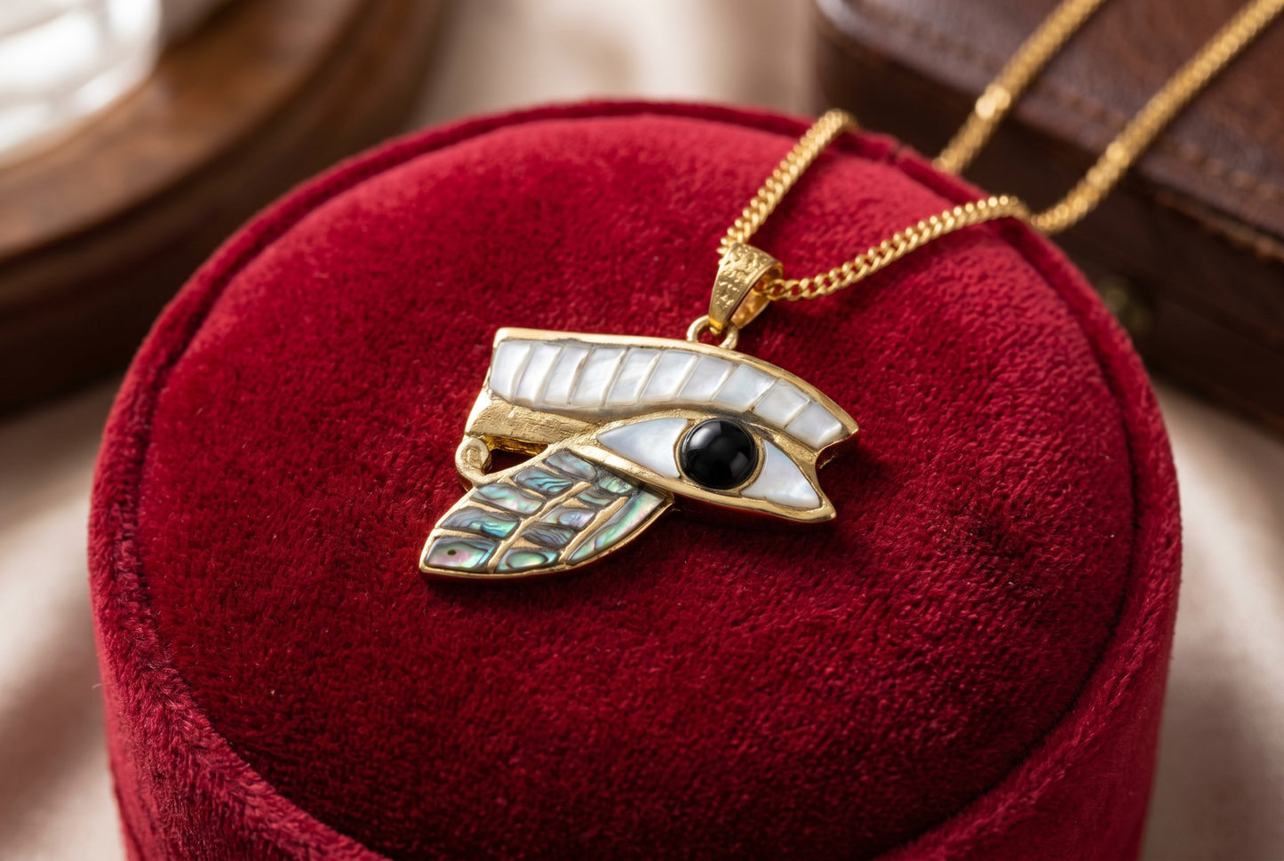Gold Eye of Horus Mother of Pearl Abalone Necklace, Egyptian Revival Jewelry, Eye of Horus Pendant, Talisman Gift, Protection Charm