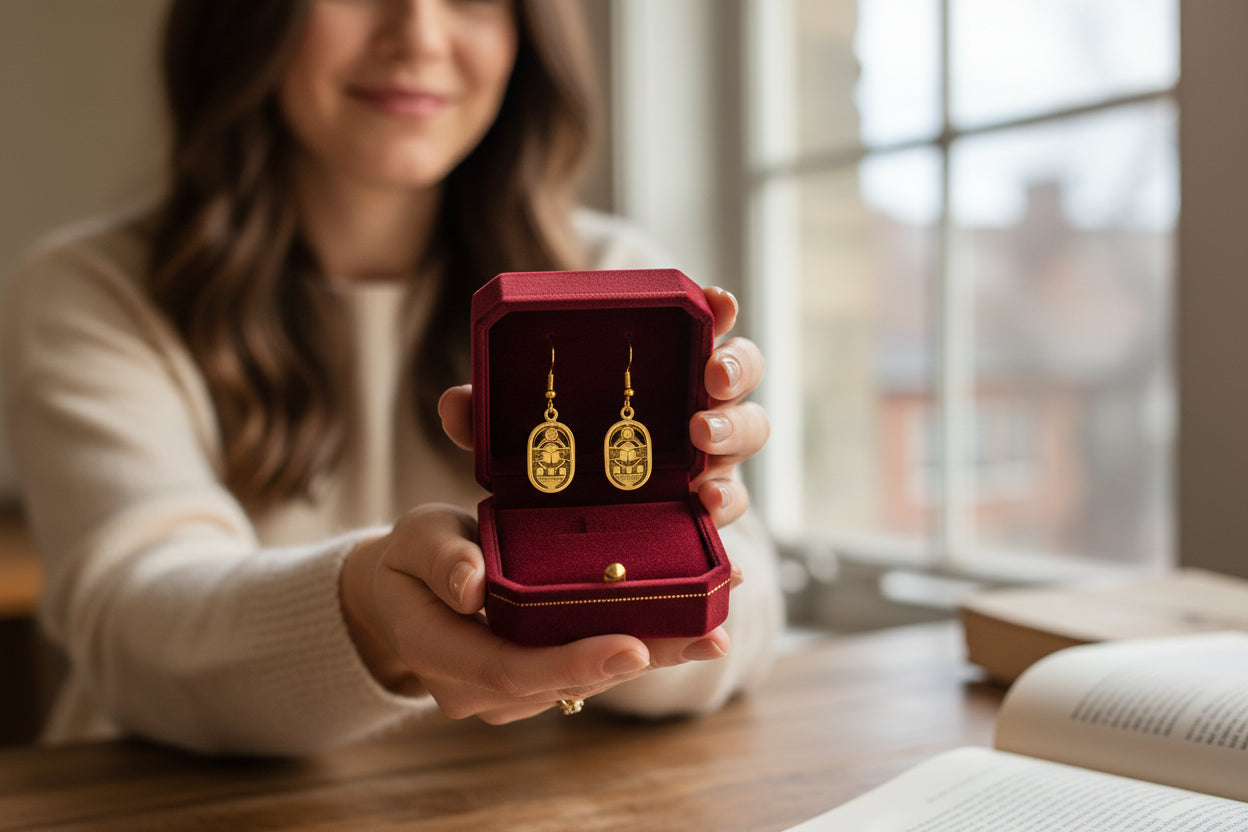 Gold Mother of Pearl Scarab Earrings, Egyptian Amulet Jewelry