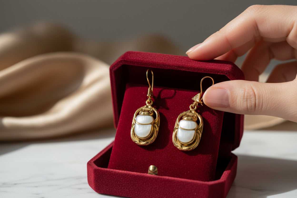 Gold Mother of Pearl Scarab Earrings, Egyptian Amulet Jewelry