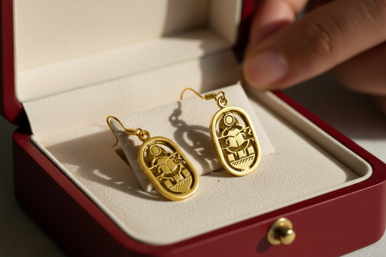 Gold Mother of Pearl Scarab Earrings, Egyptian Amulet Jewelry