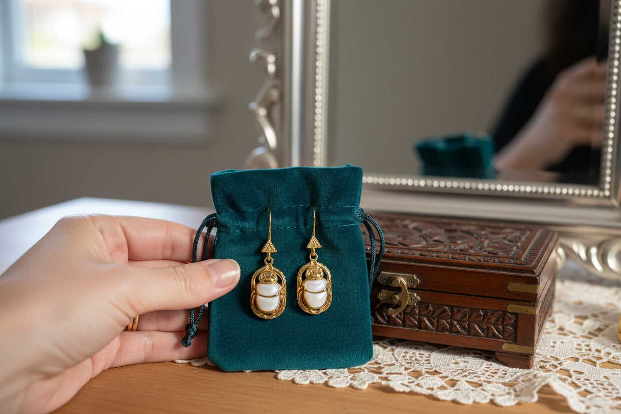 Gold Mother of Pearl Scarab Earrings, Egyptian Amulet Jewelry