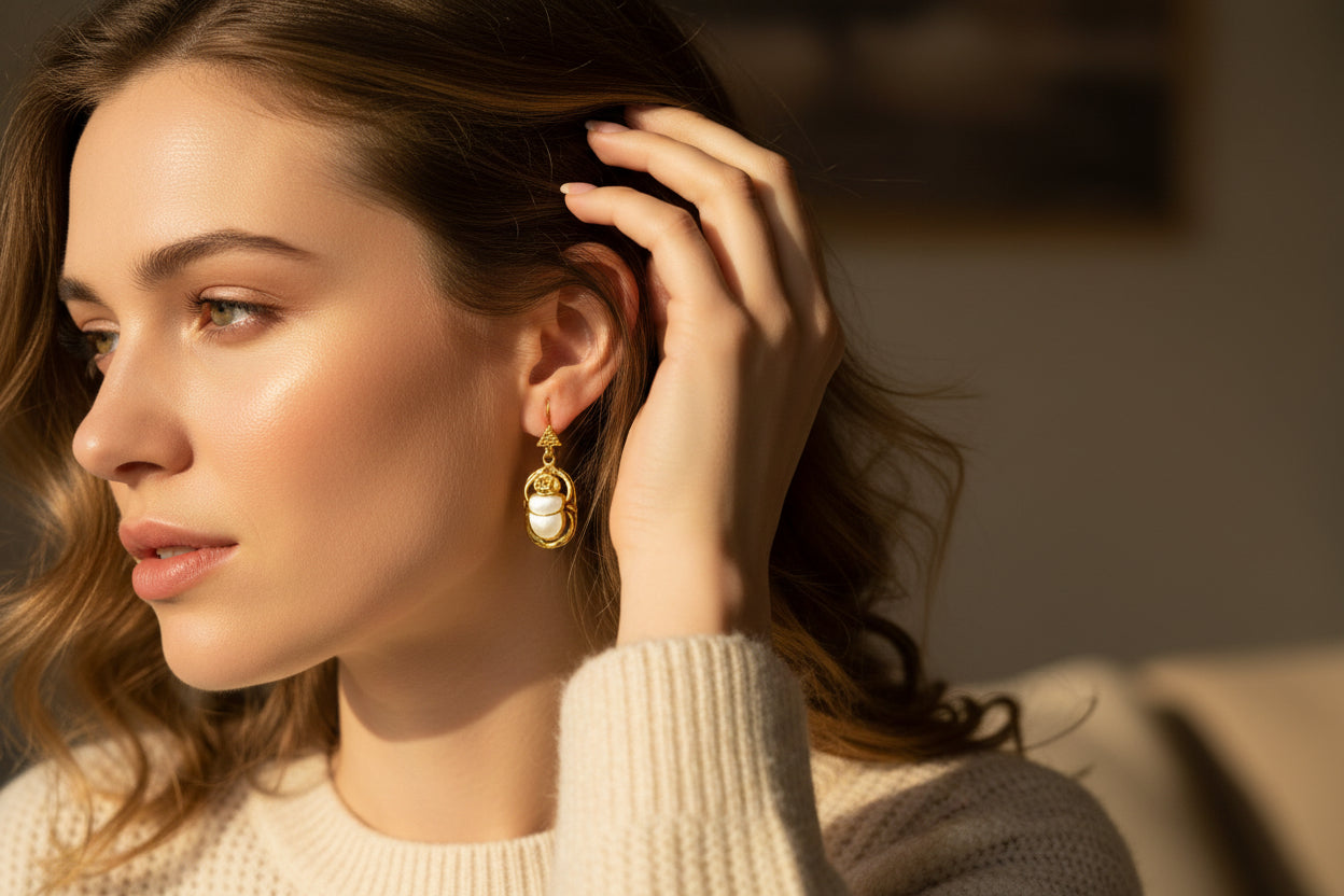 Gold Mother of Pearl Scarab Earrings, Egyptian Amulet Jewelry
