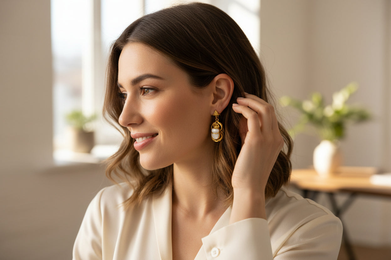 Gold Mother of Pearl Scarab Earrings, Egyptian Amulet Jewelry