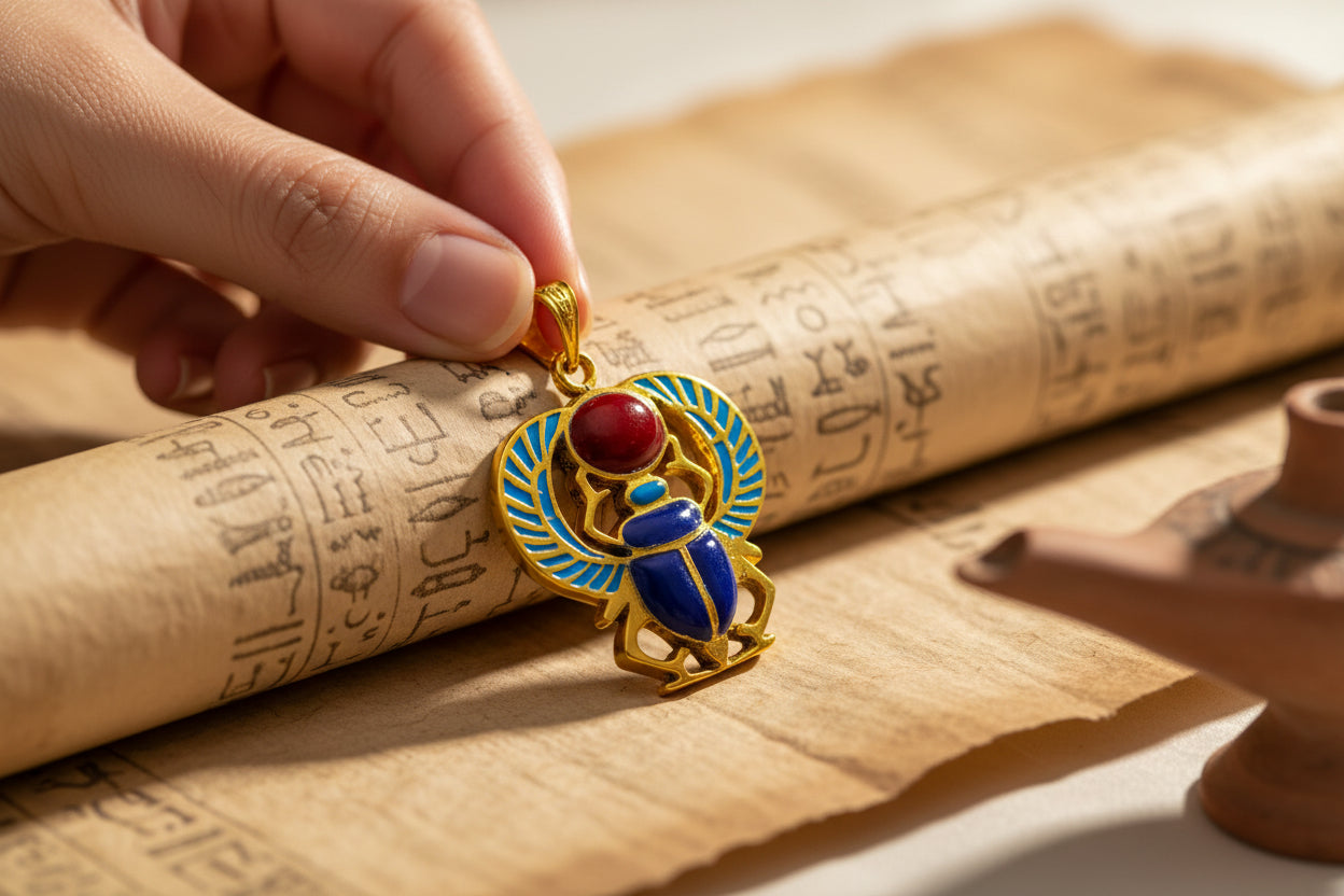 Gold Egyptian Scarab Lapis Lazuli Pendant, Winged Amulet Necklace