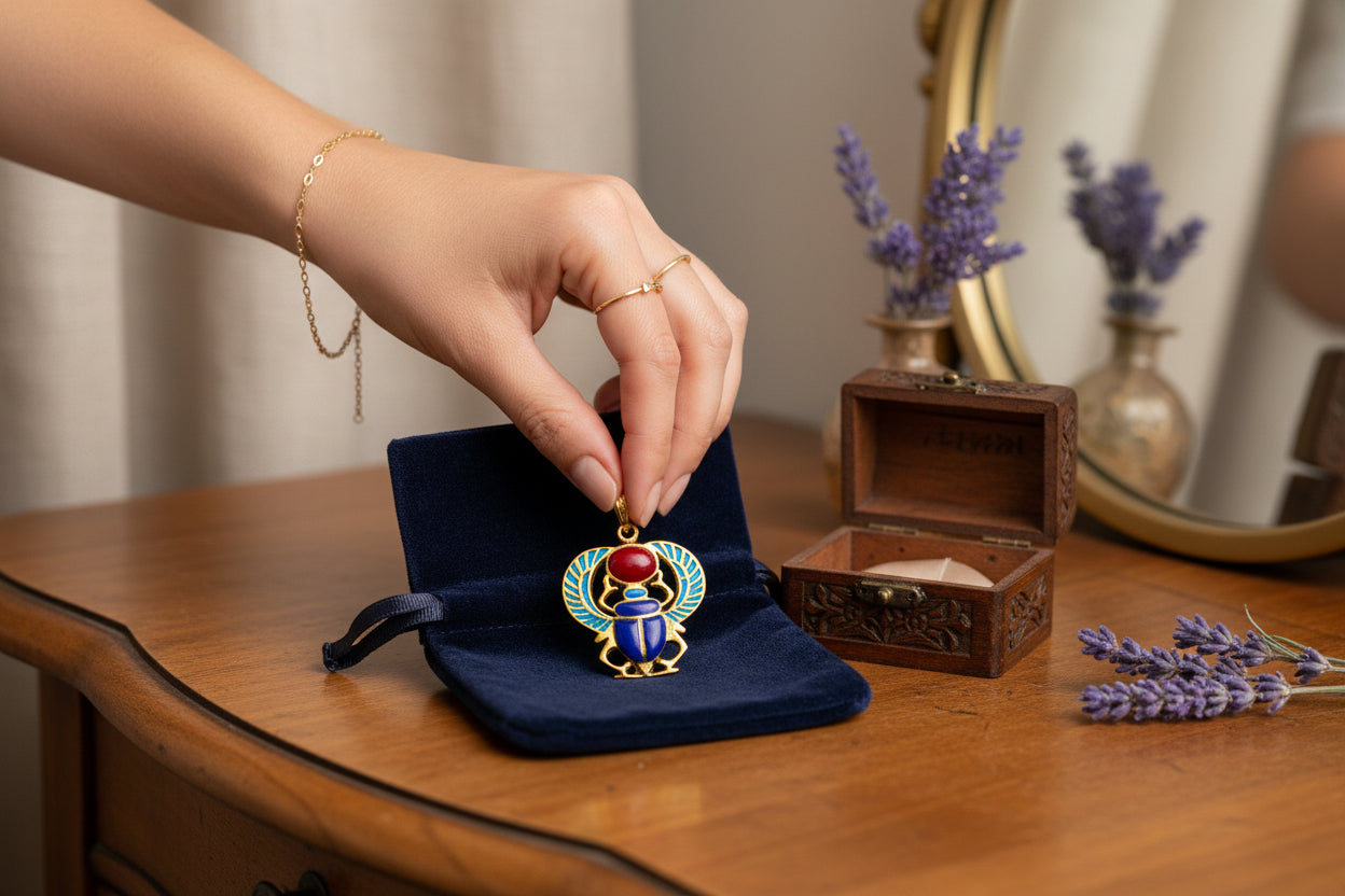 Gold Egyptian Scarab Lapis Lazuli Pendant, Winged Amulet Necklace