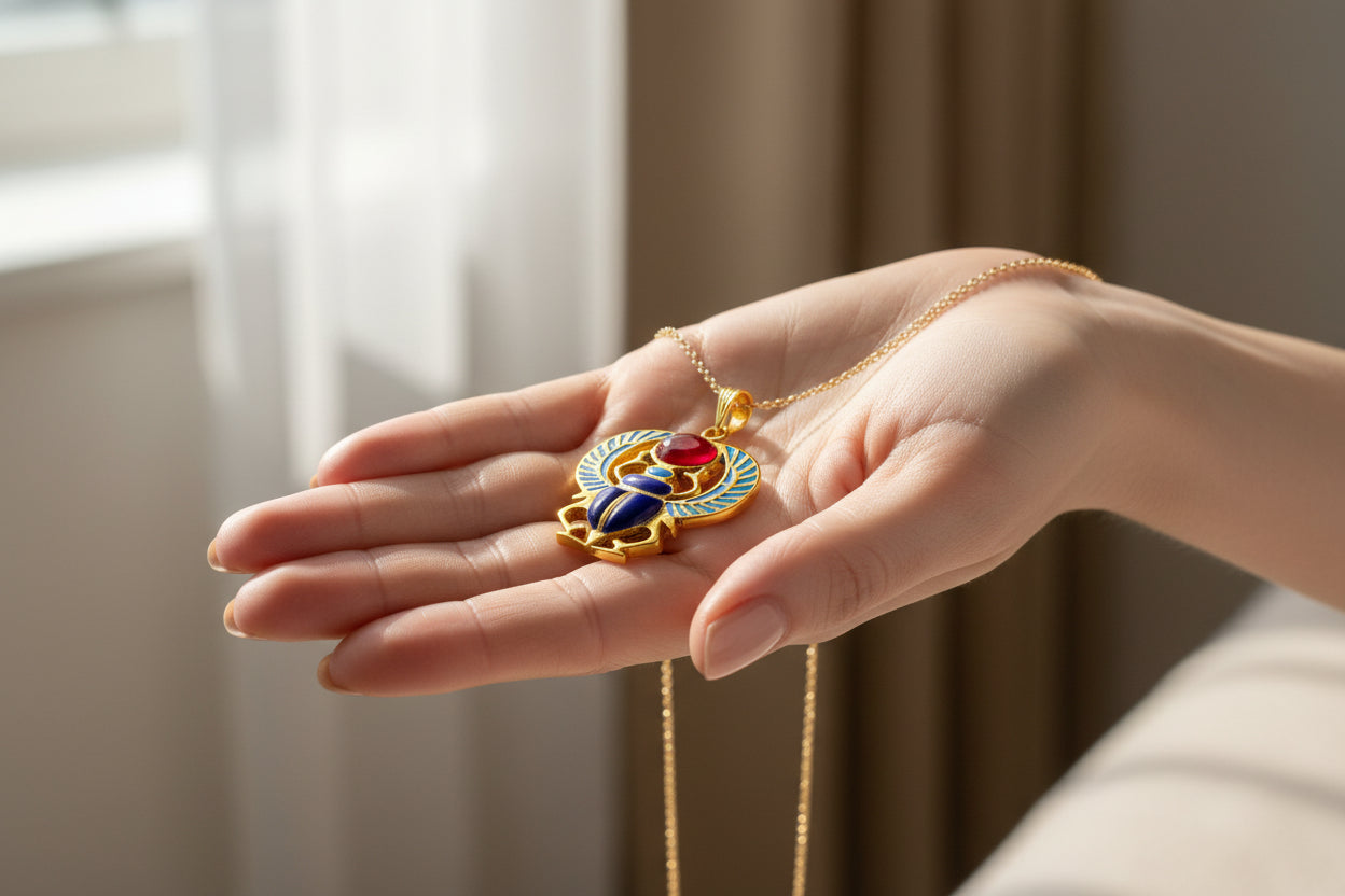 Gold Egyptian Scarab Lapis Lazuli Pendant, Winged Amulet Necklace