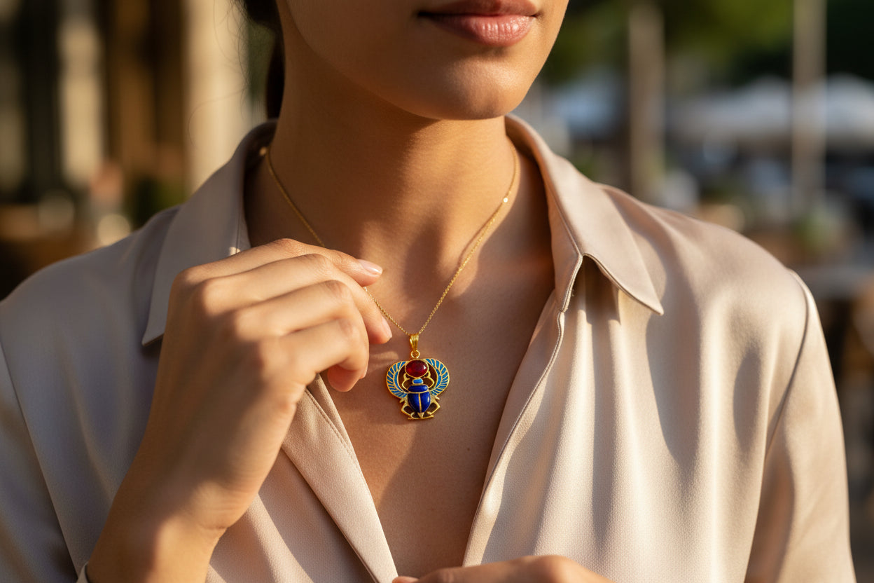 Gold Egyptian Scarab Lapis Lazuli Pendant, Winged Amulet Necklace