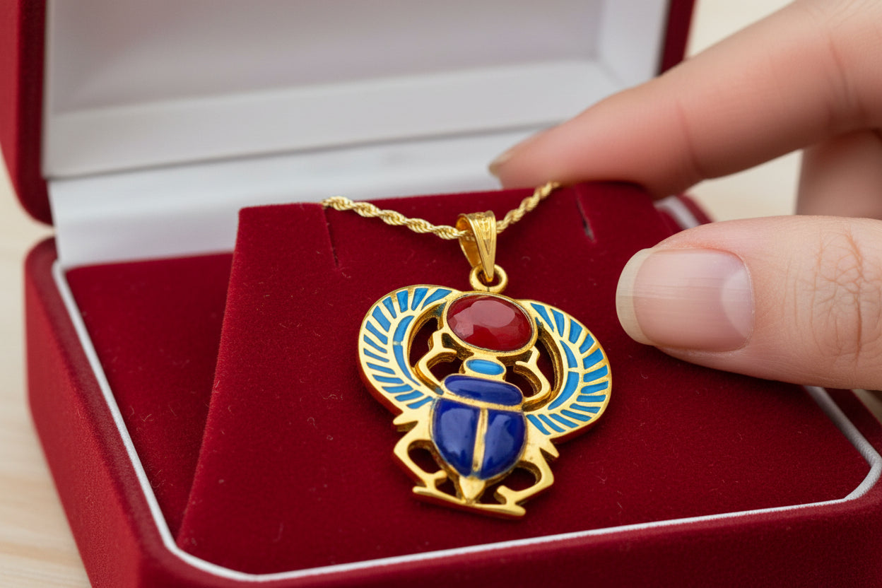 Gold Egyptian Scarab Lapis Lazuli Pendant, Winged Amulet Necklace