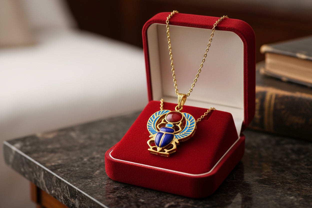 Gold Egyptian Scarab Lapis Lazuli Pendant, Winged Amulet Necklace