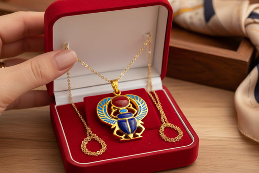 Gold Egyptian Scarab Lapis Lazuli Pendant, Winged Amulet Necklace