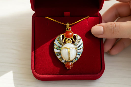 Gold Royal Scarab Pendant Necklace, Mother of Pearl Egyptian Revival Jewelry
