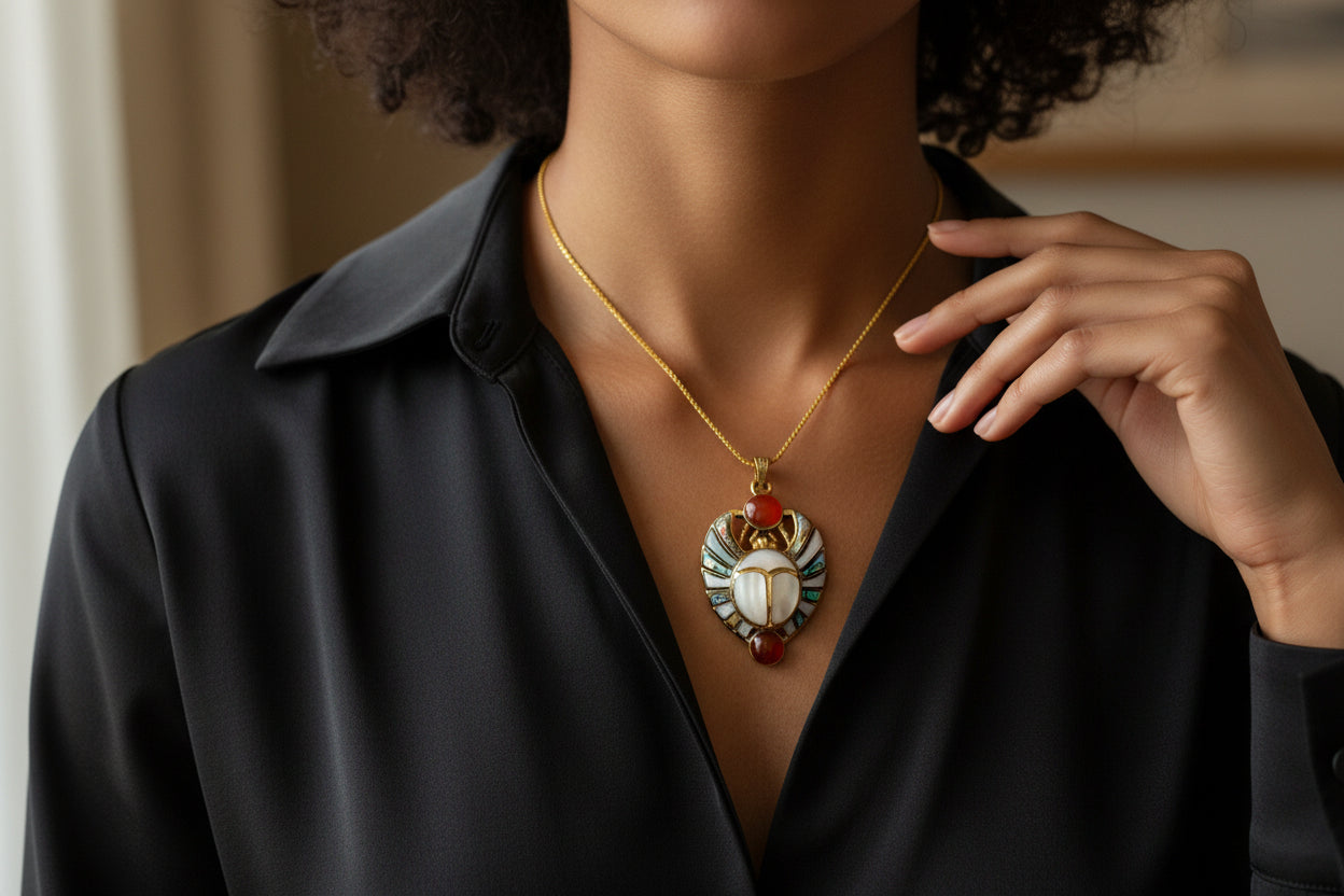 Gold Royal Scarab Pendant Necklace, Mother of Pearl Egyptian Revival Jewelry