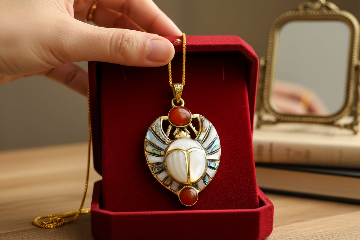 Gold Royal Scarab Pendant Necklace, Mother of Pearl Egyptian Revival Jewelry