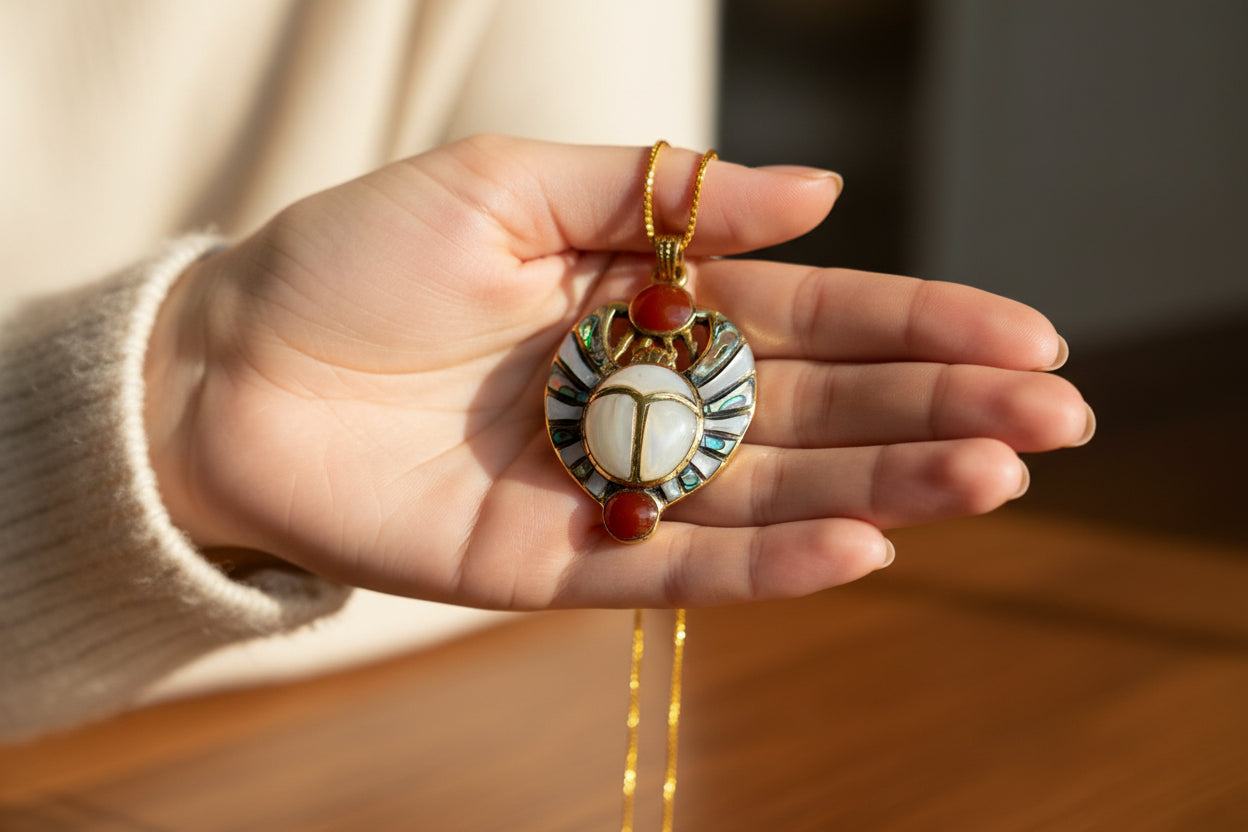 Gold Royal Scarab Pendant Necklace, Mother of Pearl Egyptian Revival Jewelry