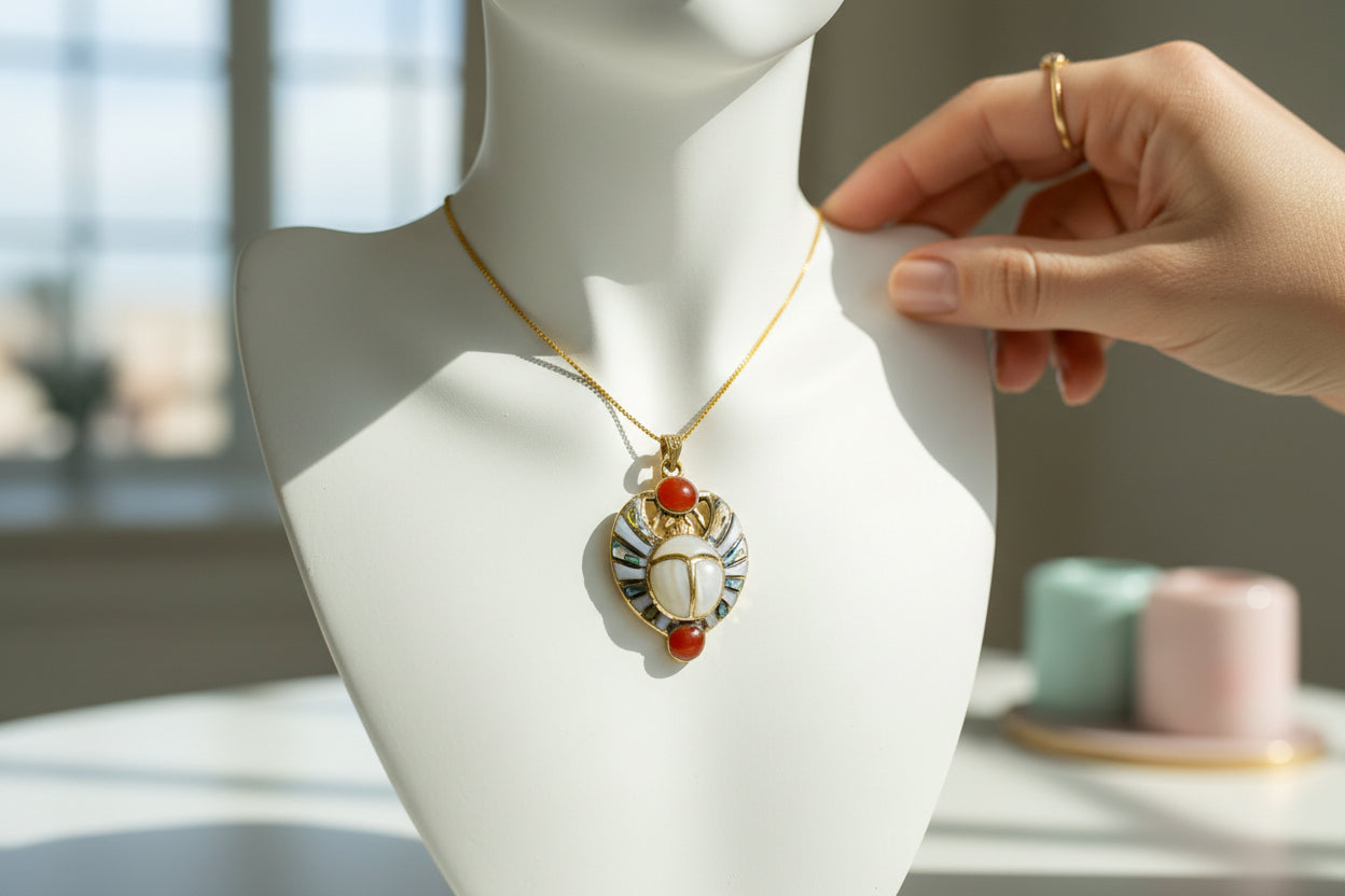 Gold Royal Scarab Pendant Necklace, Mother of Pearl Egyptian Revival Jewelry