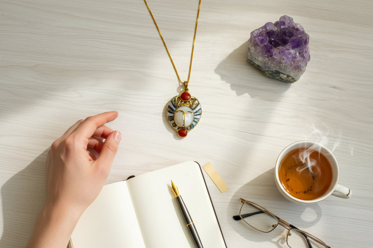 Gold Royal Scarab Pendant Necklace, Mother of Pearl Egyptian Revival Jewelry