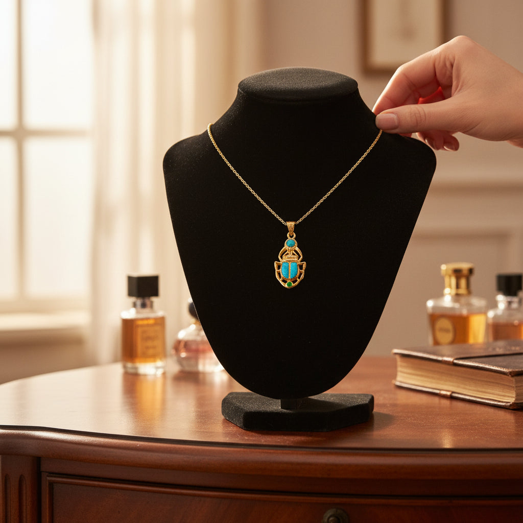 Gold Scarab Pendant Necklace, Egyptian Revival Talisman with Sparkle Opal