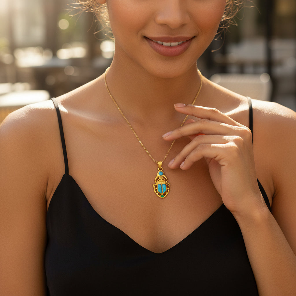 Gold Scarab Pendant Necklace, Egyptian Revival Talisman with Sparkle Opal
