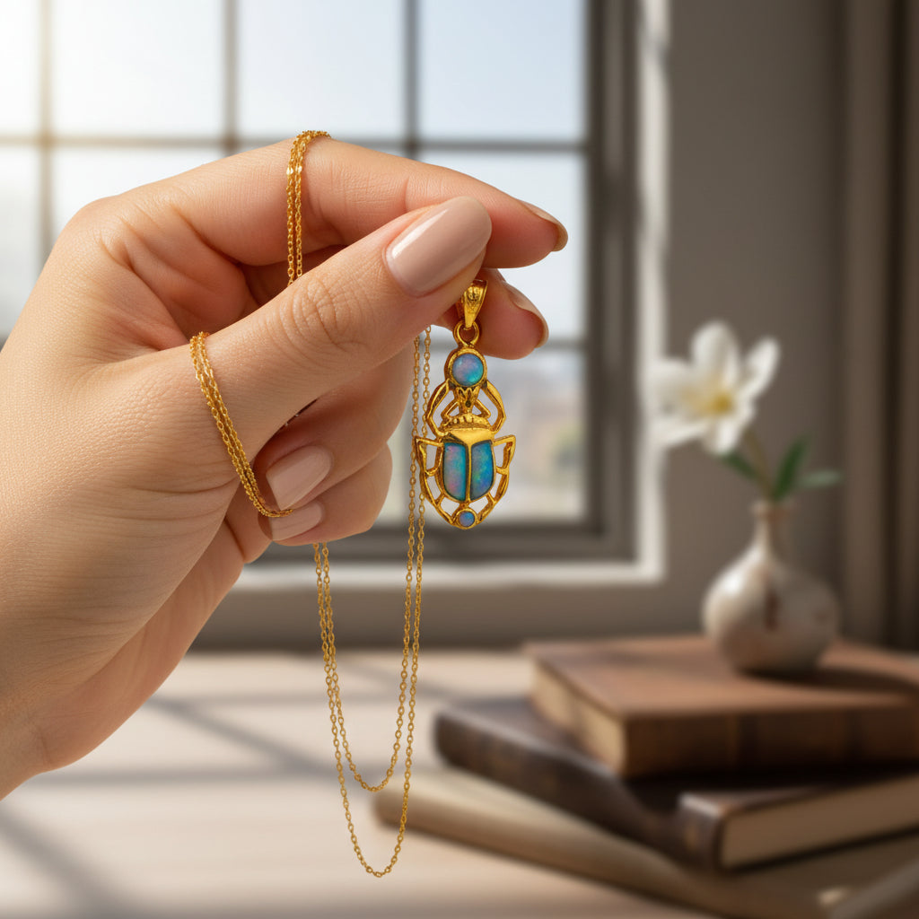 Gold Scarab Pendant Necklace, Egyptian Revival Talisman with Sparkle Opal