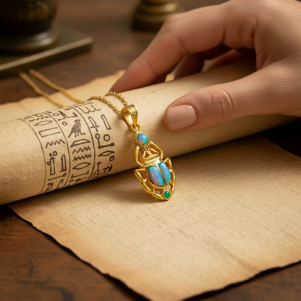 Gold Scarab Pendant Necklace, Egyptian Revival Talisman with Sparkle Opal