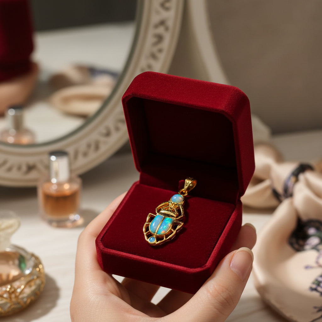 Gold Scarab Pendant Necklace, Egyptian Revival Talisman with Sparkle Opal