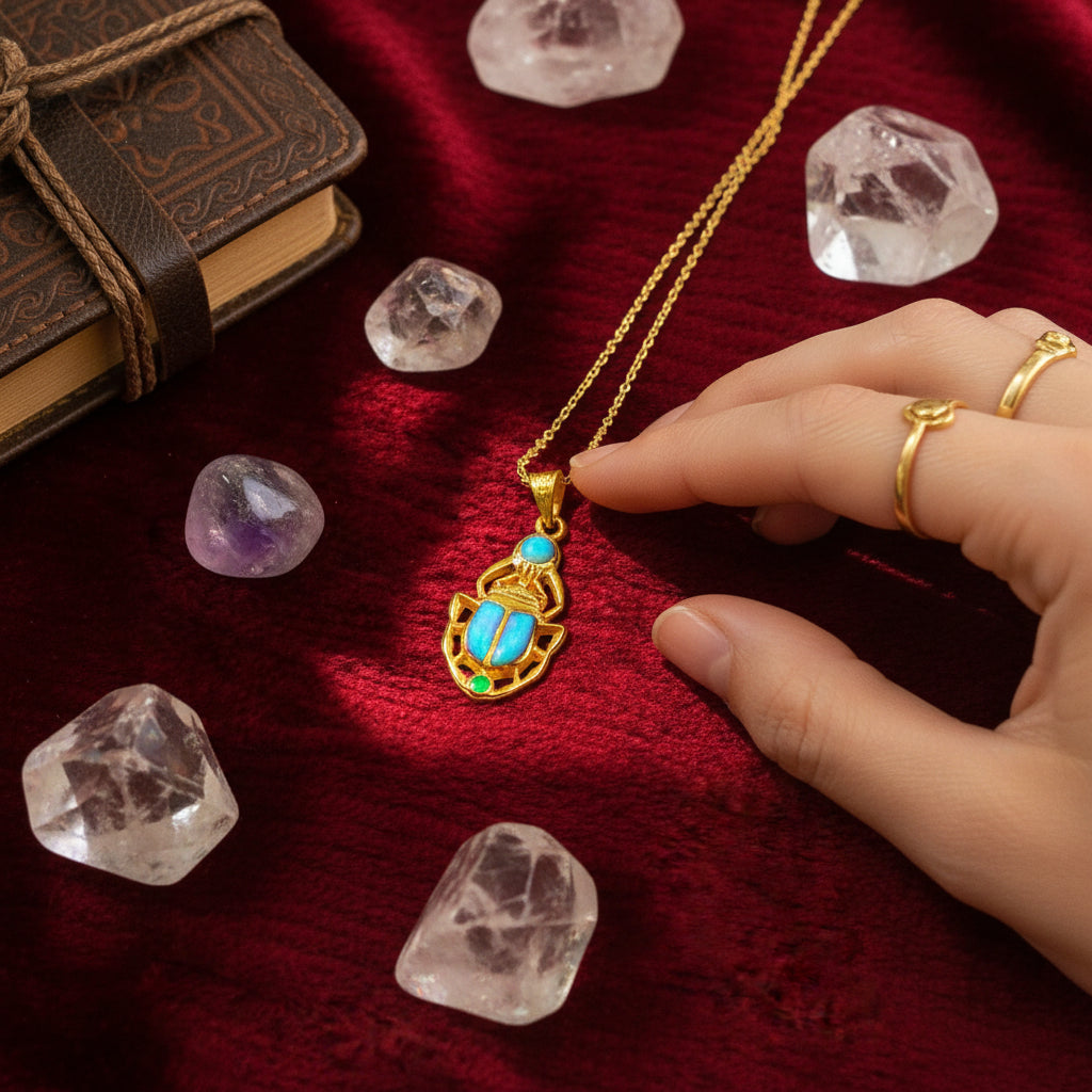 Gold Scarab Pendant Necklace, Egyptian Revival Talisman with Sparkle Opal
