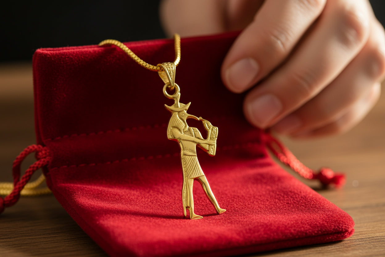 Gold Thoth Pendant Necklace, Egyptian Revival Talisman