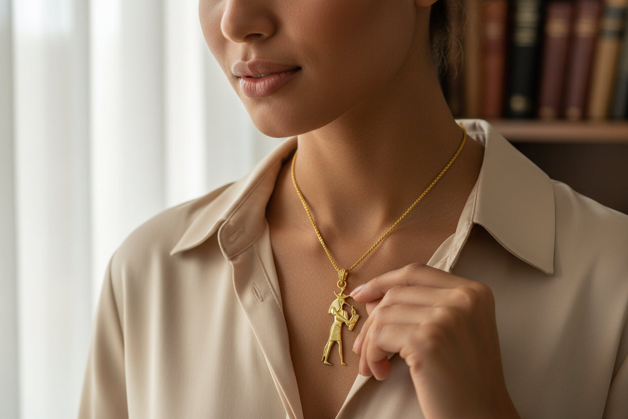 Gold Thoth Pendant Necklace, Egyptian Revival Talisman