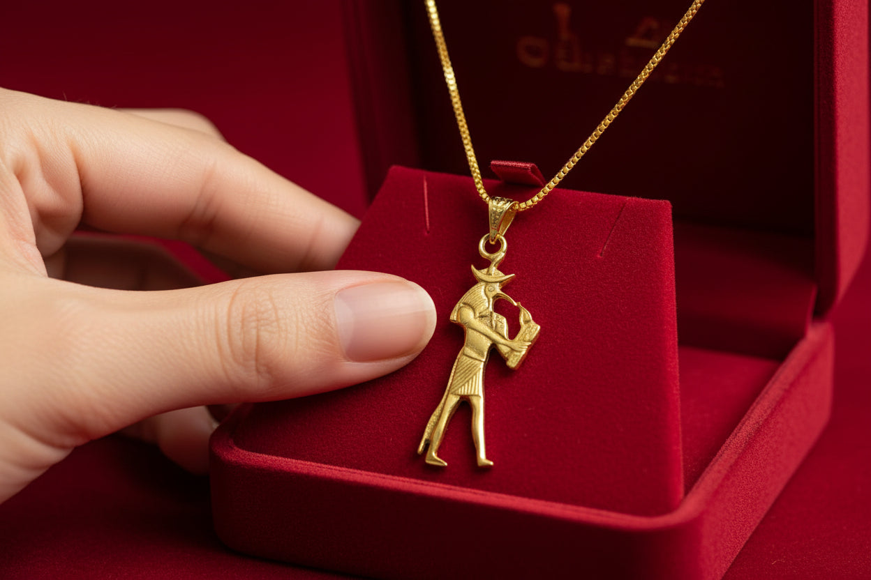 Gold Thoth Pendant Necklace, Egyptian Revival Talisman